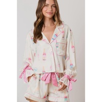 Azura Exchange White Christmas Wine Glass Print Bow Knot Two Piece Pajama Set - L thumbnail