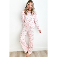 Pink Santa Claus Striped Print Loose Fit Two Piece Lounge Set - 2XL thumbnail
