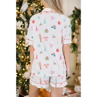 White Christmas Print Short Sleeve Shirt and Shorts Pajama Set - L thumbnail
