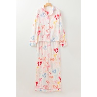 White Bow Knot Print Lapel Collar Wide Leg Satin Pajama Set - L thumbnail