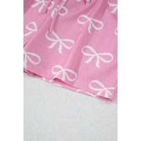 Pink Waffle Knit Bowknot Printed V Neck T Shirt and Shorts Set - M thumbnail