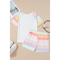 White Rainbow Striped T Shirt and Shorts Set - L thumbnail