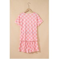 Pink Checkered V Neck Tee Drawstring Shorts Lounge Set - M thumbnail