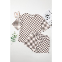 Brown Checkered Top and Short Casual 2pcs Set - XL thumbnail