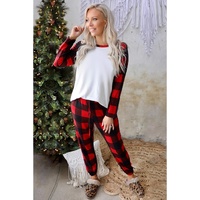 Red Plaid Raglan Sleeves Top and Drawstring Pants Lounge Set - M thumbnail