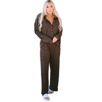 Brown Ribbed Knit Collared Henley Top and Pants Lounge Outfit - S thumbnail