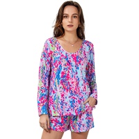 Purple Floral Long Sleeve Top and Drawstring Shorts Set - L thumbnail
