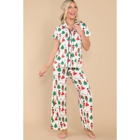 White Printed Christmas Pattern Buttoned Two Piece Sleepwear - M thumbnail