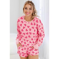 Pink Valentine Heart Shape Print Long Sleeve Top Shorts Lounge Set - L thumbnail