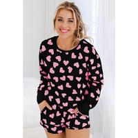 Black Valentine Heart Shape Print Long Sleeve Top Shorts Lounge Set - M thumbnail
