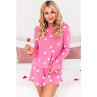Pink Valentine Heart Print Long Sleeve Tee and Shorts Lounge Set - S thumbnail