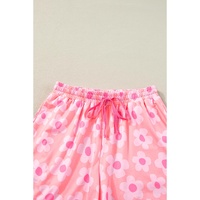 Pink Flower Print Short Sleeve Shirt Pajamas Set - M thumbnail