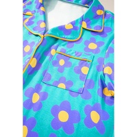 Green Flower Print Short Sleeve Shirt Pajamas Set - L thumbnail