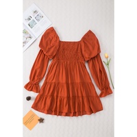 Brown Boho Solid Shirred Ruffle Mini Dress - L thumbnail