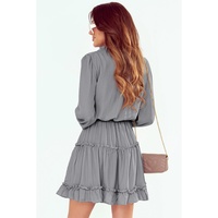 Gray V Neck Long Sleeve Ruffle Tiered Mini Dress - L thumbnail