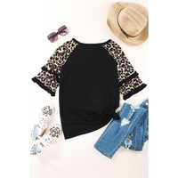 Azura Exchange Leopard Patchwork Ruffled Sleeve Top - S thumbnail