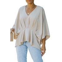 Azura Exchange Pleated Batwing Sleeve V Neck Blouse in 100% Polyester - M thumbnail