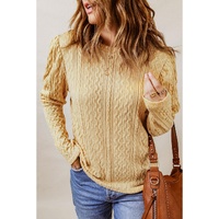 Azura Exchange Puffy Sleeve Khaki Textured Knit Top - L thumbnail