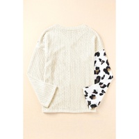 Beige Asymmetric Leopard Patchwork Wide Sleeve V Neck Sweater - S thumbnail