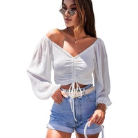 White Drawstring Front Sheer Puff Sleeve Crop Top - 2XL thumbnail