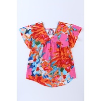 Azura Exchange Abstract Print V Neck Flutter Sleeve Blouse - S thumbnail