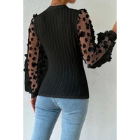 Azura Exchange Textured Knit Blouse with Floral Applique Mesh Sleeves - M thumbnail