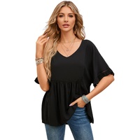 Azura Exchange Black Ruffled Lace Detail Loose V Neck Top - M thumbnail