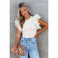 Azura Exchange Dotty Mesh Ruffle Sleeve Ribbed Knit Top - L thumbnail