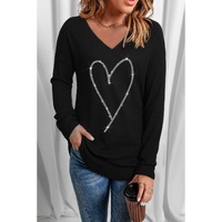 Azura Exchange Heart Shaped V Neck Long Sleeve Top with Rhinestone Embellishment - S thumbnail