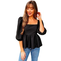 Azura Exchange Textured Square Neck Puff Sleeve Peplum Blouse - XL thumbnail