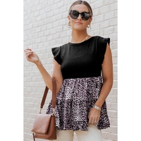 Azura Exchange Ruffle Sleeve Leopard Splice Blouse - S thumbnail