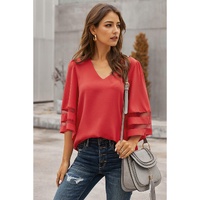 Red Flare Sleeve V Neck Loose Blouse - M thumbnail