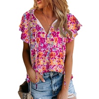 Azura Exchange Floral Print Top with Flutter Sleeves - M thumbnail