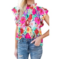 Azura Exchange Abstract Floral Print Frilled Neck Pleated Blouse - M thumbnail