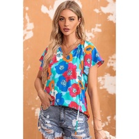 Azura Exchange Floral Print Drawstring V Neck Short Sleeve Blouse - M thumbnail
