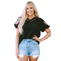 Azura Exchange Embroidered Bubble Sleeve Frill V Neck Top - S thumbnail