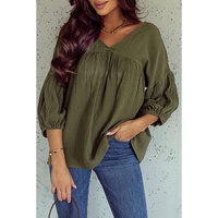 Azura Exchange Textured V Neck Bracelet Sleeve Babydoll Blouse - L thumbnail