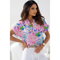Azura Exchange Abstract Floral Print Notch V Neck Blouse - S thumbnail