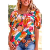 Azura Exchange Abstract Print Square Neck Short Sleeve Blouse - L thumbnail