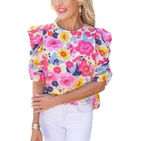 Azura Exchange Floral Ruched Puff Sleeve Blouse - S thumbnail