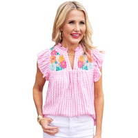 Azura Exchange Check Ruffle Sleeves Blouse with Floral Embroidery - L thumbnail