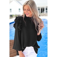 Black Button Keyhole Back Pleated Ruffle Trim Blouse - L thumbnail