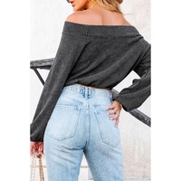 Gray Ribbed Knit Off-Shoulder Balloon Sleeve Top - M thumbnail