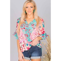Azura Exchange Leopard Floral Mixed Print Ruffle Sleeve Blouse - S thumbnail