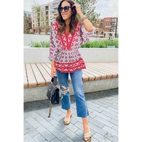 Red Geometric Print 3/4 Sleeve V-Neck Shirred Waist Flared Blouse - XL thumbnail