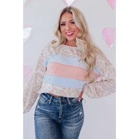 Azura Exchange Contrast Stripes Patchwork Puff Sleeve Knit Top - L thumbnail