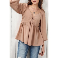 Azura Exchange Notched V-Neck Smocked Back Peplum Blouse - M thumbnail