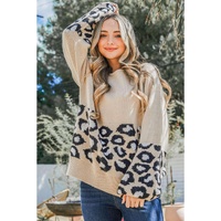 Khaki Leopard Patchwork Knitted Puff Sleeve Sweater - M thumbnail