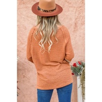 Apricot Leopard Splicing Exposed Seam Waffle Knit Top - S thumbnail