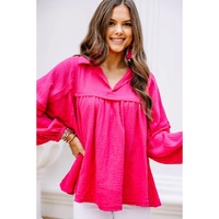 Azura Exchange Crinkled V-Neck Bubble Sleeve Blouse - M thumbnail